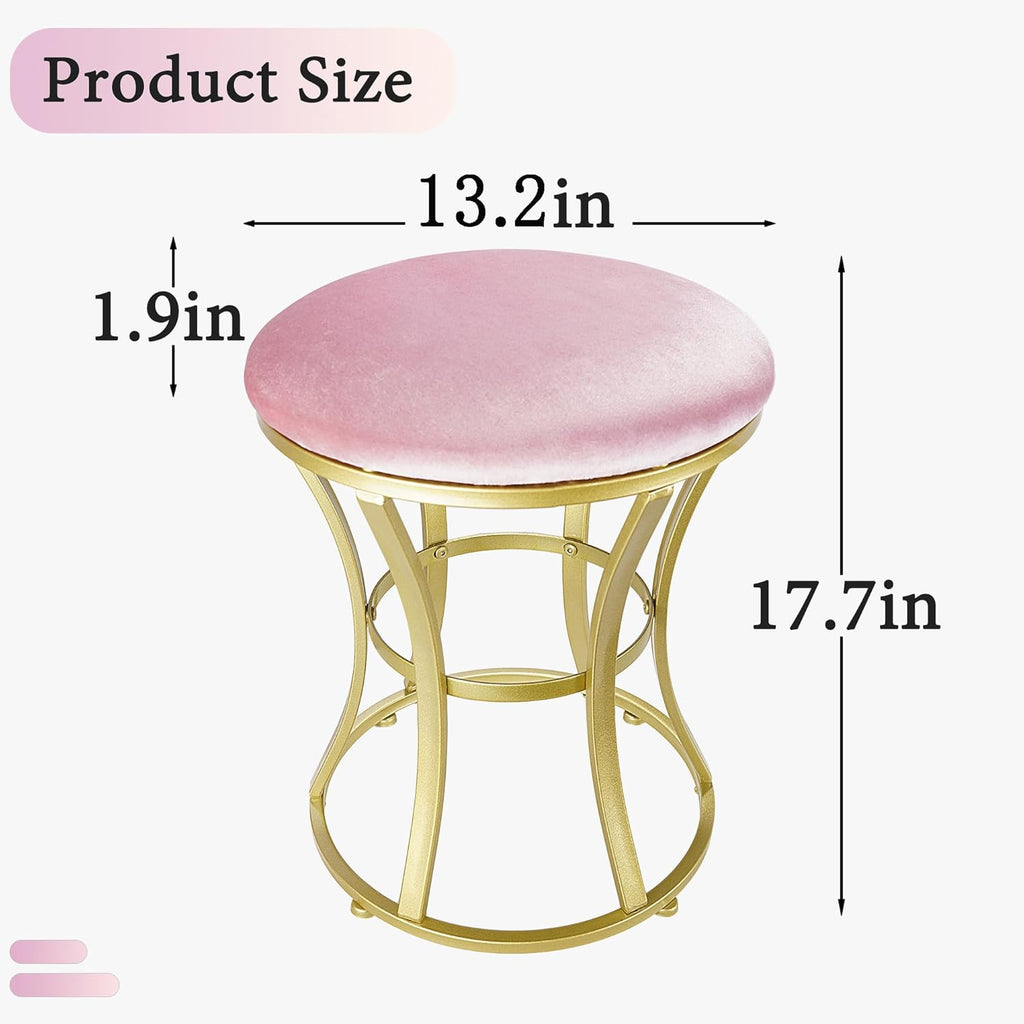 Velvet Round Vanity Stool,Pink Velvet Footrest Ottoman Foot Stool Seat with Golden Metal Legs,Makeup Chair for Bathroom Vanity,Bedroom,Living Room