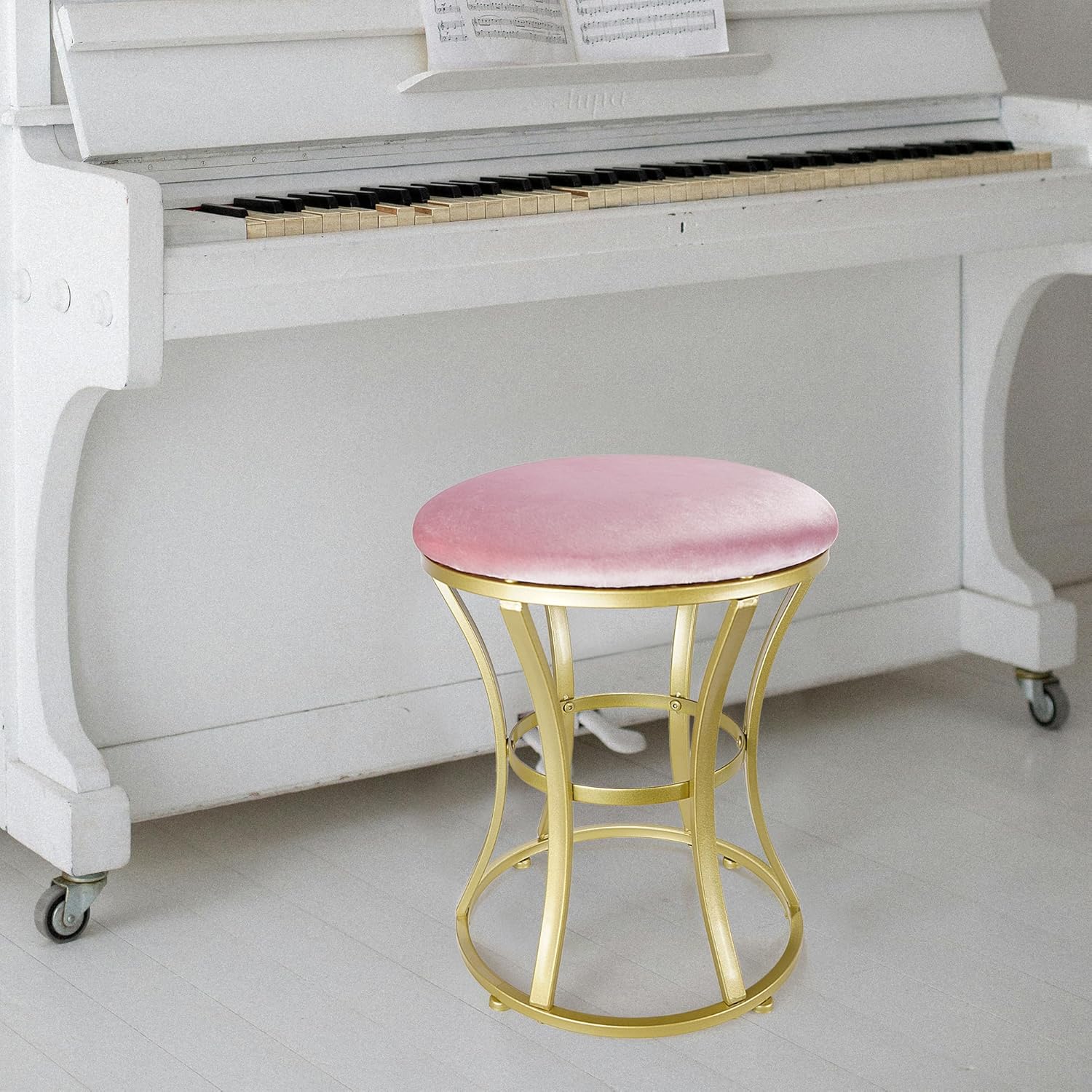 Velvet Round Vanity Stool,Pink Velvet Footrest Ottoman Foot Stool Seat with Golden Metal Legs,Makeup Chair for Bathroom Vanity,Bedroom,Living Room