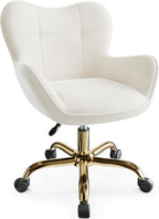 Vanity Chair with Wheels, Cute Home Office Desk Chairs Adjustable Height for Living Bedroom, Small Modern Fluffy Velvet Makeup Chair with Back for Girls (White)