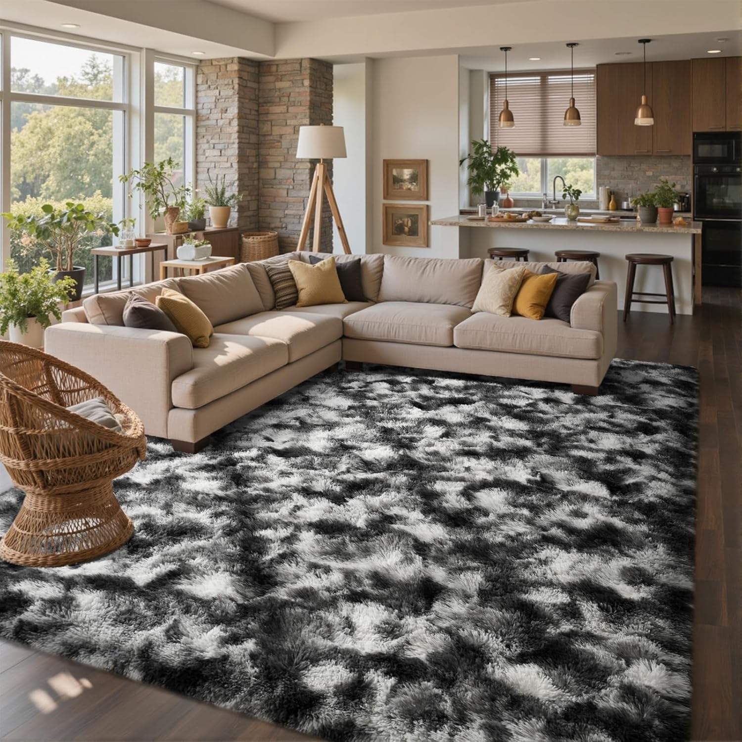 6x9 Ft Large Shag Rugs for Living Room, Tie-Dyed Ultra Soft Fluffy Furry Area Rugs for Bedroom Indoor Floor, Aesthetic Carpet for Kids Home Decor (Dark Grey)