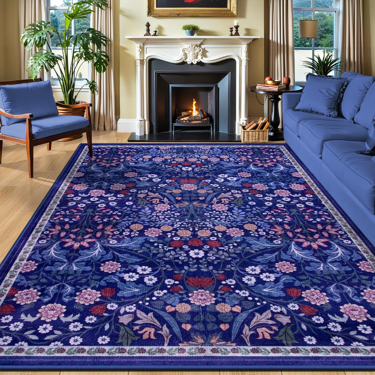 8x10 Area Rugs for Living Room: Floral Washable Rug Vintage Large Soft Boho Non-Slip Carpet Indoor Floor Stain Resistant Carpets for Bedroom Dining Room Farmhouse Nursery Home Office Dark Green