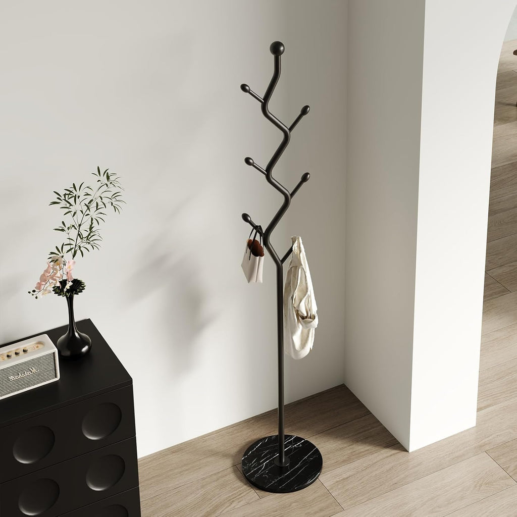 Tree Branch-Look Coat Rack Freestanding with 6 Hooks & Sturdy Marble base Metal Clothes Hanger Stand for Entryway/Mudroom/Bedroom/Hallway/Home Office (Matte black)