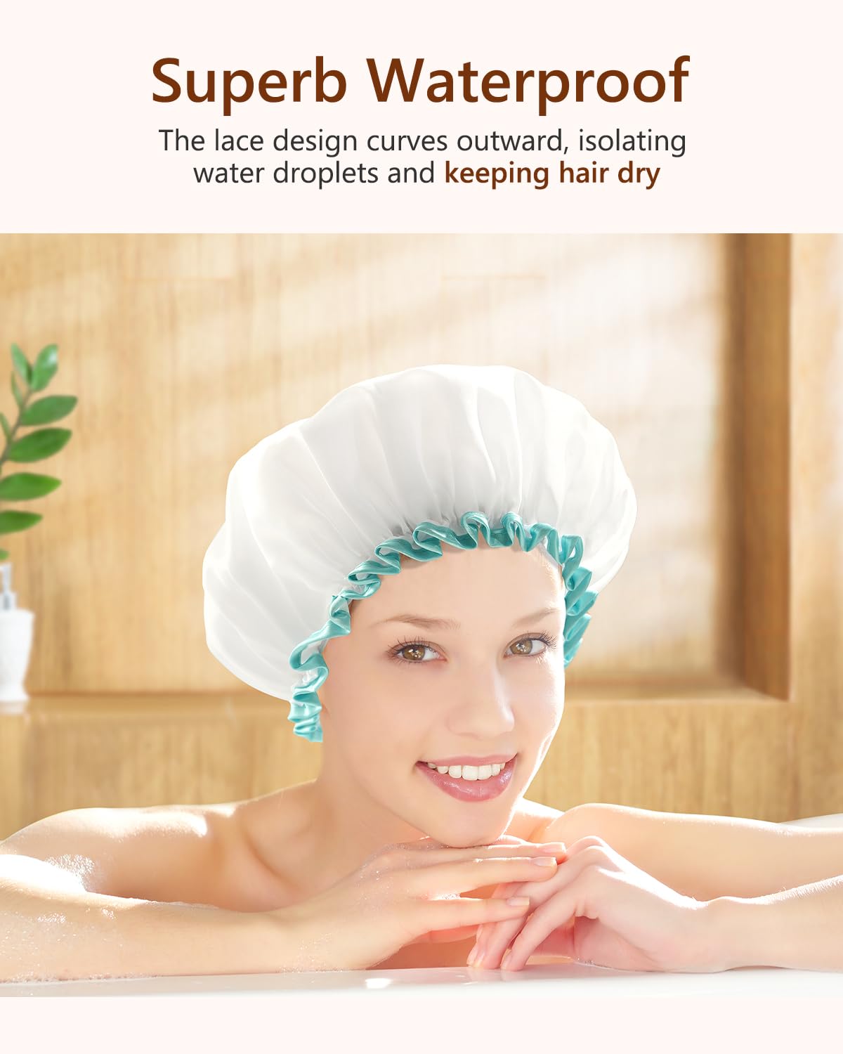 White Shower Cap for Long Hair 1 Pack, 12 inch large size,Waterproof Washable Hair Caps for Women and Girls, Super Cute and Extra Large