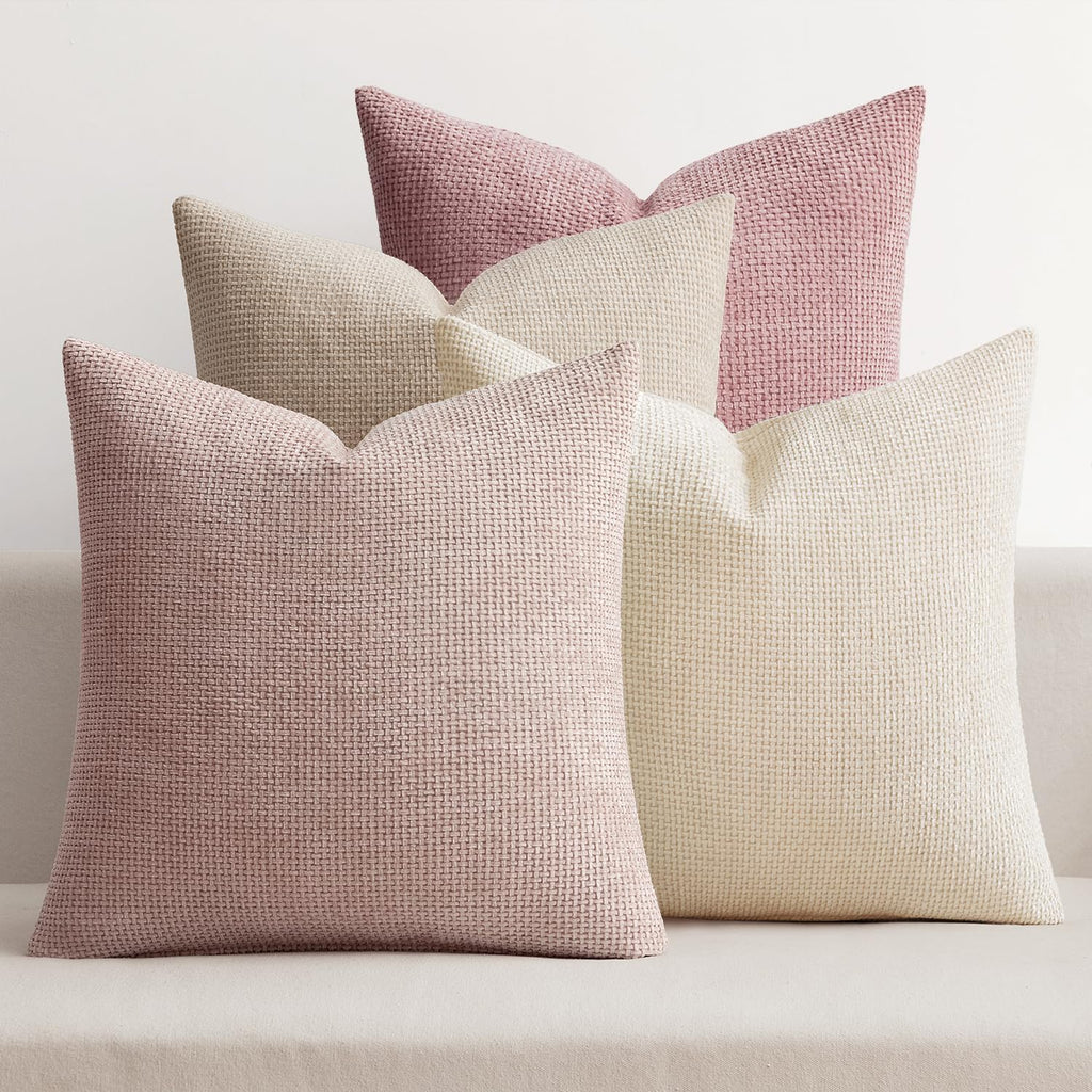 Pack of 4 Couch Throw Pillow Covers 18x18 Inch Neutral Soft Decorative Chenille Pillow Covers Farmhouse Boho Cushion Covers for Mid Century Modern Spring Home Decor Sofa Bedroom Living Room