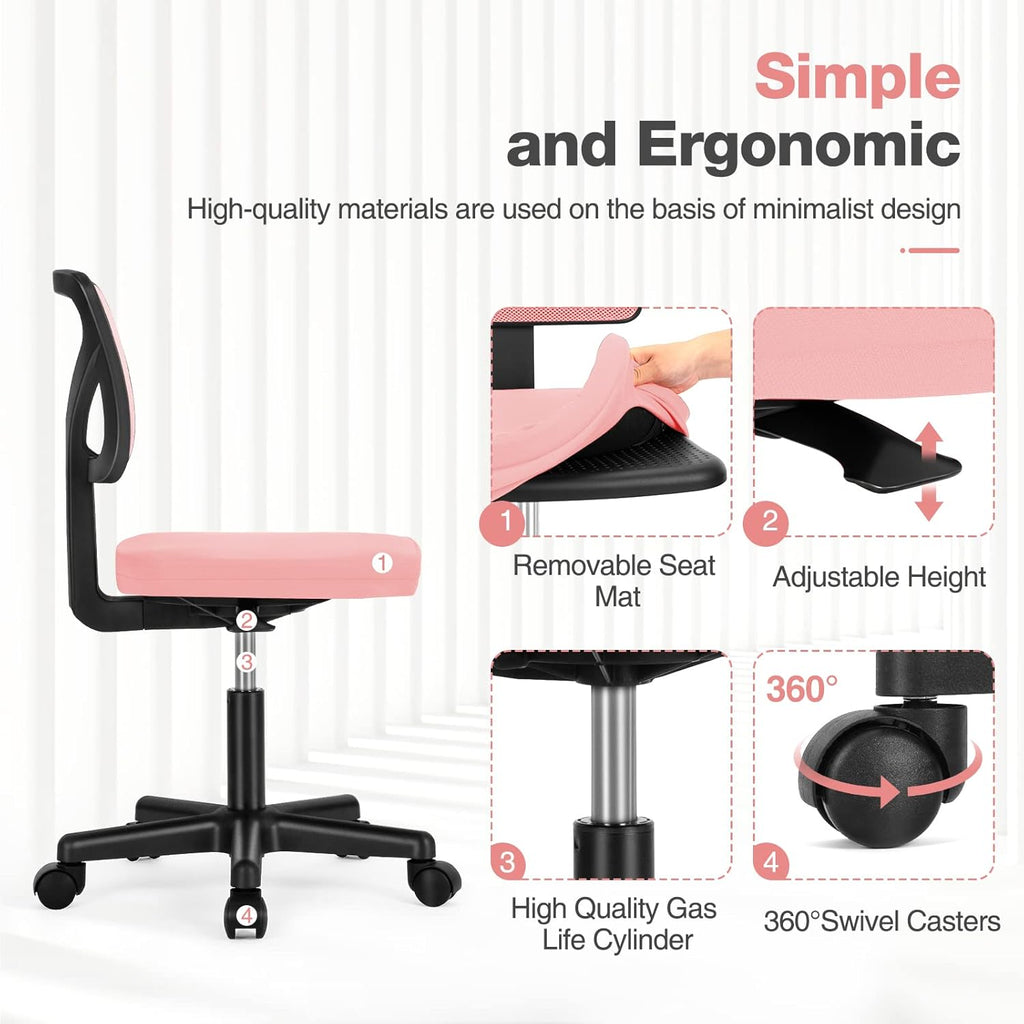 Small Desk Chair, Ergonomic Low-Back Mesh Rolling Work Swivel Chairs with Wheels, Armless Comfortable Seat Lumbar Support for Home, Bedroom, Study, Student, Adults,Classic Pink