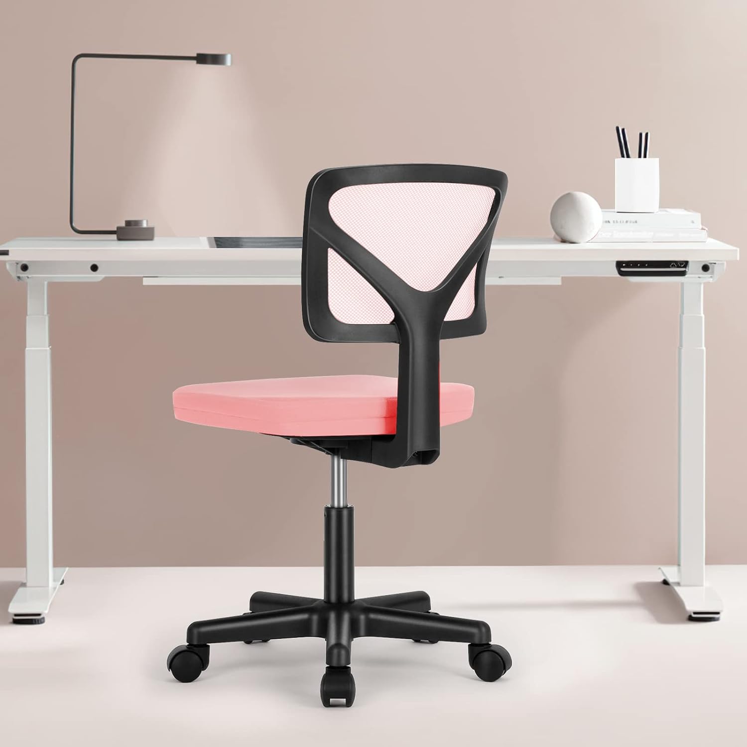 Small Desk Chair, Ergonomic Low-Back Mesh Rolling Work Swivel Chairs with Wheels, Armless Comfortable Seat Lumbar Support for Home, Bedroom, Study, Student, Adults,Classic Pink