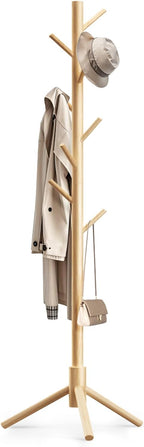 Coat Rack Freestanding with 8 Hooks,Easy Assembly New Zealand Pine Tree Coat Racks, 3 Adjustable Sizes for Clothes, Hats, Bags, for Entryway, Hallway, Bedroom, Office (White, 1 PC)