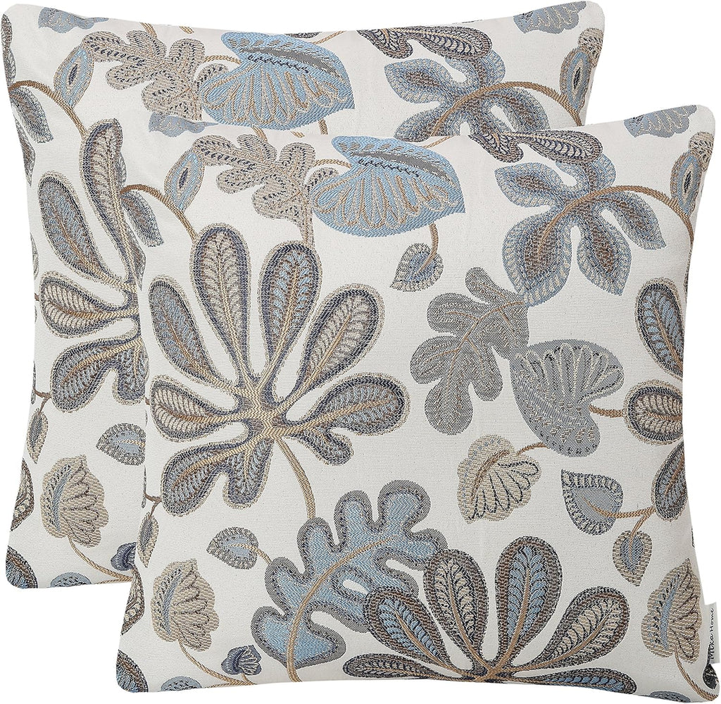 Mika Home Set of 2 Jacquard Tropical Leaf Pattern Oblong Throw Pillow Covers Accent Pillowcase 12X20 Inches,Blue Cream