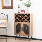 Giantex Farmhouse Wine Bar Cabinet, 11 Bottles Rack, Buffet Cabinet with Storage, Industrial Kitchen Sideboard, Anti-Tipping Design, 2 Doors, Glass Holder, for Living Room (Brown & Black)
