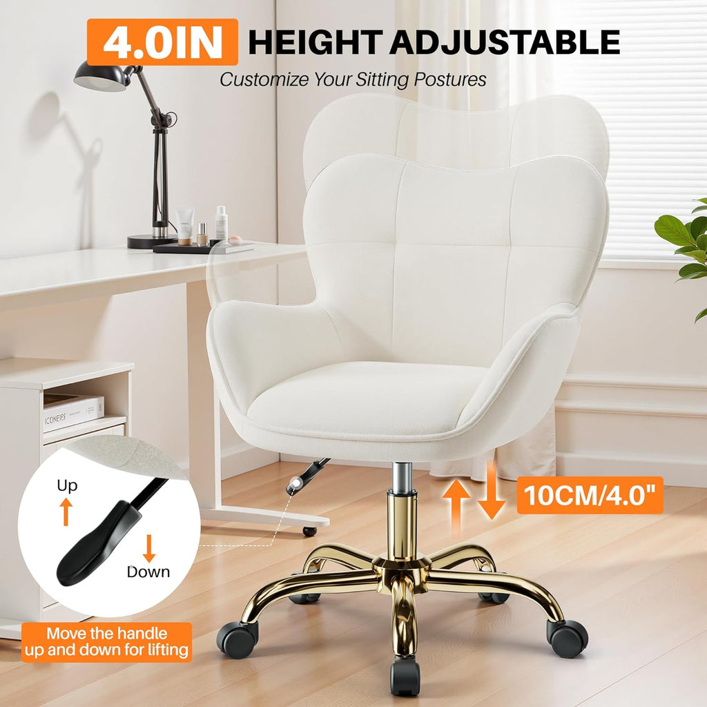 Vanity Chair with Wheels, Cute Home Office Desk Chairs Adjustable Height for Living Bedroom, Small Modern Fluffy Velvet Makeup Chair with Back for Girls (White)
