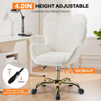 Vanity Chair with Wheels, Cute Home Office Desk Chairs Adjustable Height for Living Bedroom, Small Modern Fluffy Velvet Makeup Chair with Back for Girls (White)