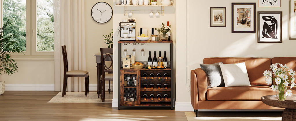 Wine Bar Rack Cabinet with LED Light, Adjustable Shelves Coffee Bar Cabinet with Mesh Door and Baffle Design, 36″ Tall Small Liquor Bar Cabinet for Home, Kitchen, Dinning Room, Rustic Brown