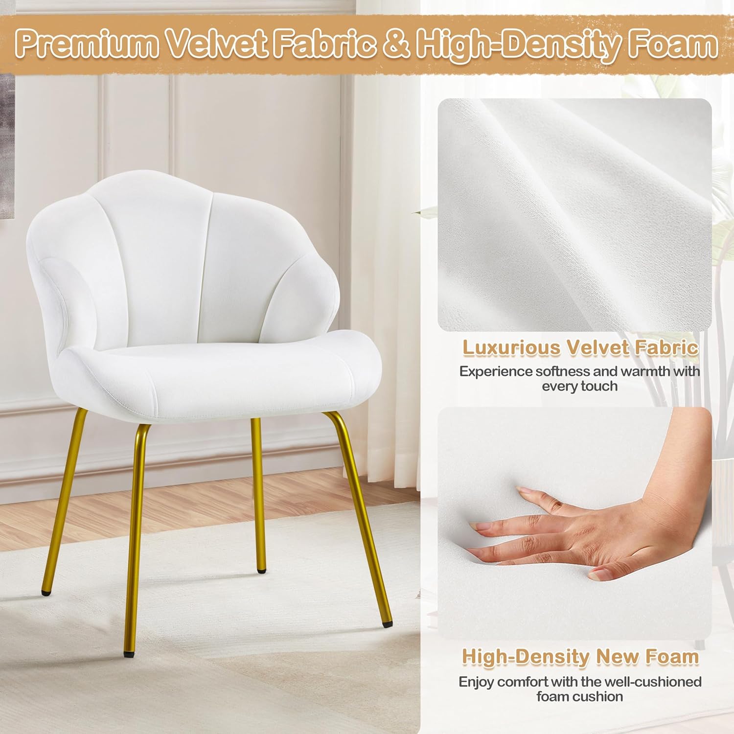 Vanity Chair, Velvet Accent Chair with Shell-Shaped Backrest, Modern Armchair with Gold Metal Legs for Dressing Room/Bedroom/Living Room, White