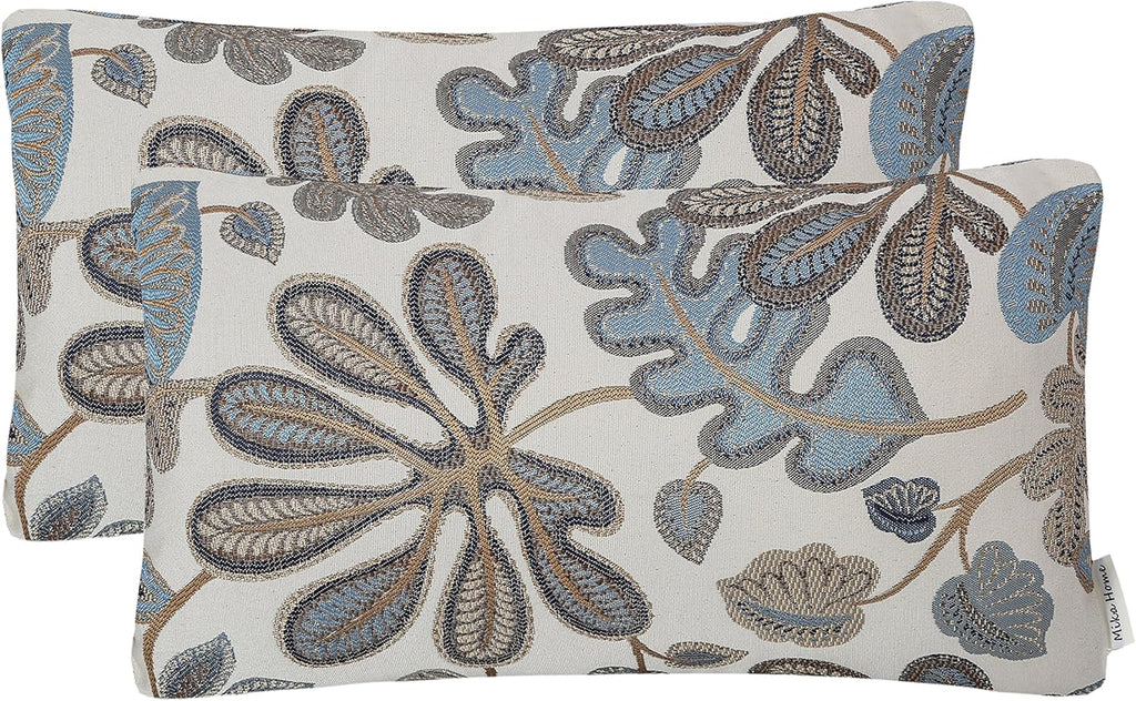 Mika Home Set of 2 Jacquard Tropical Leaf Pattern Oblong Throw Pillow Covers Accent Pillowcase 12X20 Inches,Blue Cream
