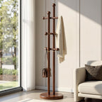 Coat Rack Freestanding, Wooden Coat Tree with 2 Main Rods, Heavy Duty Coat Hanger Stand with 15.75" Dia.Round Base, Walnut Standing Hall Tree for Bedroom Living Room, Clothes Jacket Bag Hat