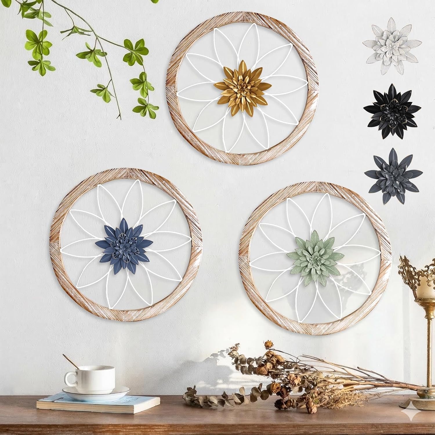Paquesta 3 Piece Round Farmhouse Wall Decor with 6 Piece Interchangeable Flowers 12'' Medallion Wood & Metal Rustic Wall Art for Living Room Bedroom Kitchen Bathroom Dining Room Home Decorations