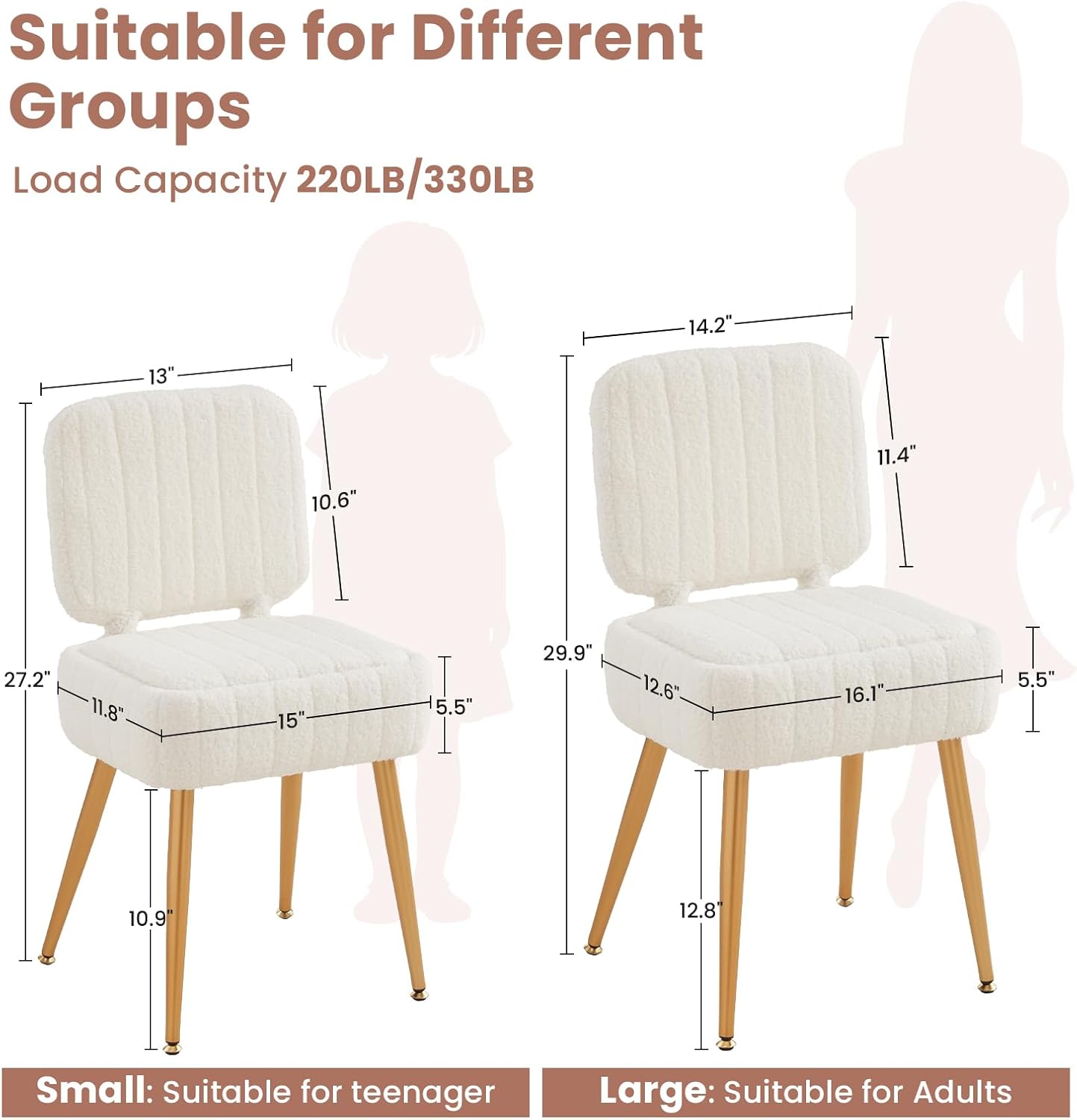Vanity Chair, Storage Ottoman with Folding Back & Gold-Toned Metal Legs, Ottoman Seat with Teddy Velvet for Dressing Room Living Room Bedroom, 16" x 12.5" Inch