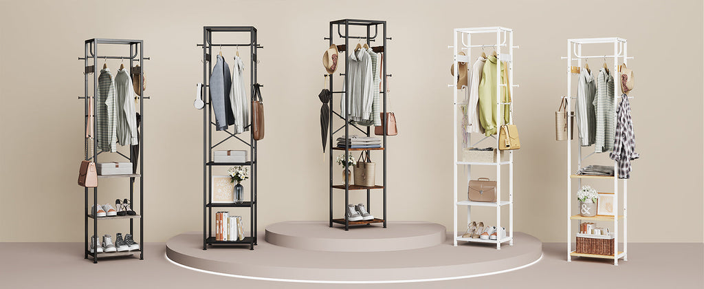 Coat Rack Freestanding, Hall Tree with 3 Storage Shelves and 12 Hooks, Industrial Clothes Rack Stand Organizer for Bedroom, Hallway, Entryway, Office, Living Room, Rustic Brown