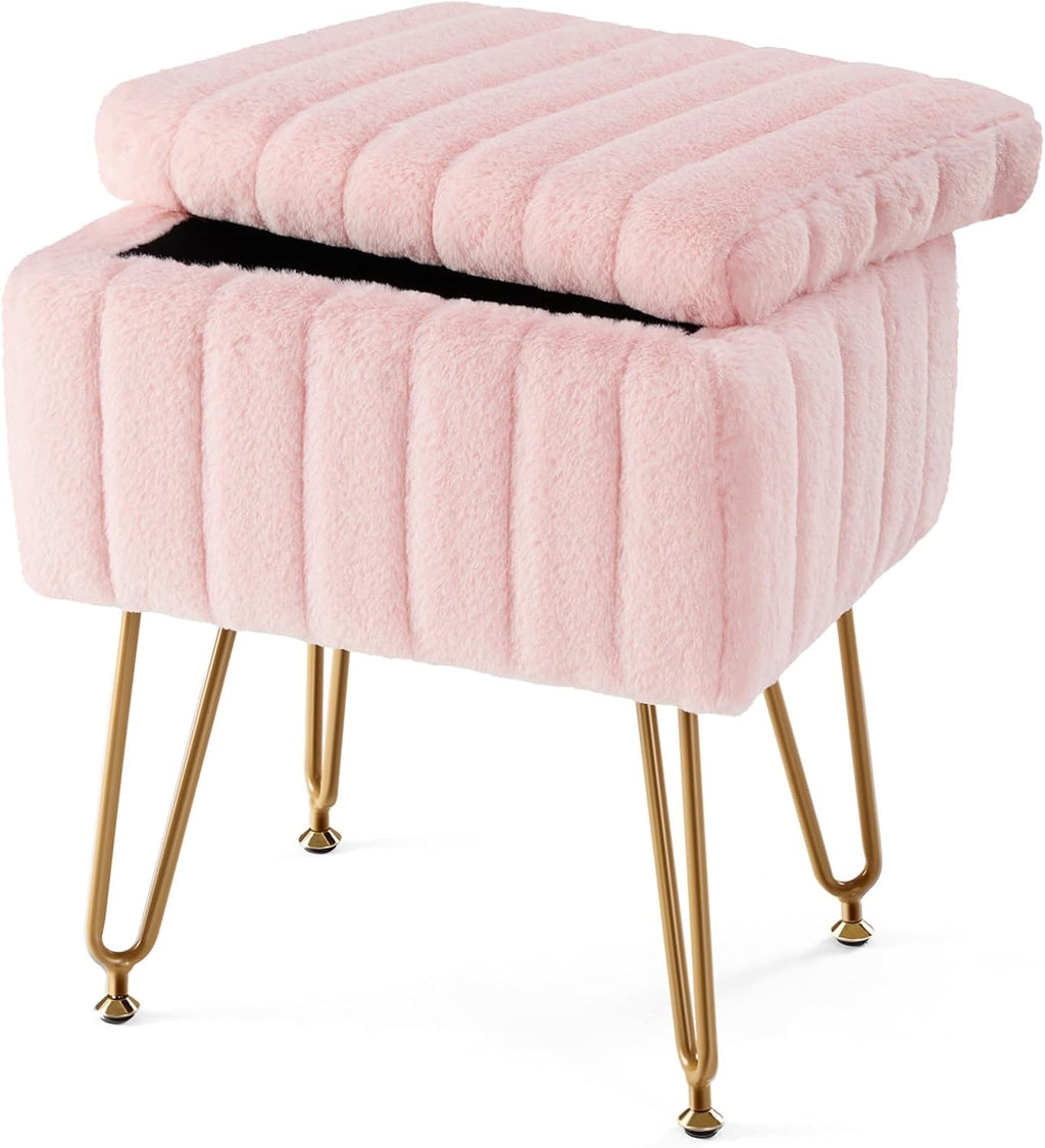 Vanity Stool Chair with Storage, 18.9”H x 16”L x 12.2”W Ottoman Chair Faux Fur Soft Padded Makeup Footstools Seat with 4 Metal Legs Anti-Slip Adjustable Feet for Make Up, Pink