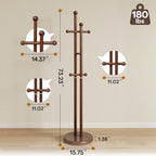 Coat Rack Freestanding, Wooden Coat Tree with 2 Main Rods, Heavy Duty Coat Hanger Stand with 15.75" Dia.Round Base, Walnut Standing Hall Tree for Bedroom Living Room, Clothes Jacket Bag Hat