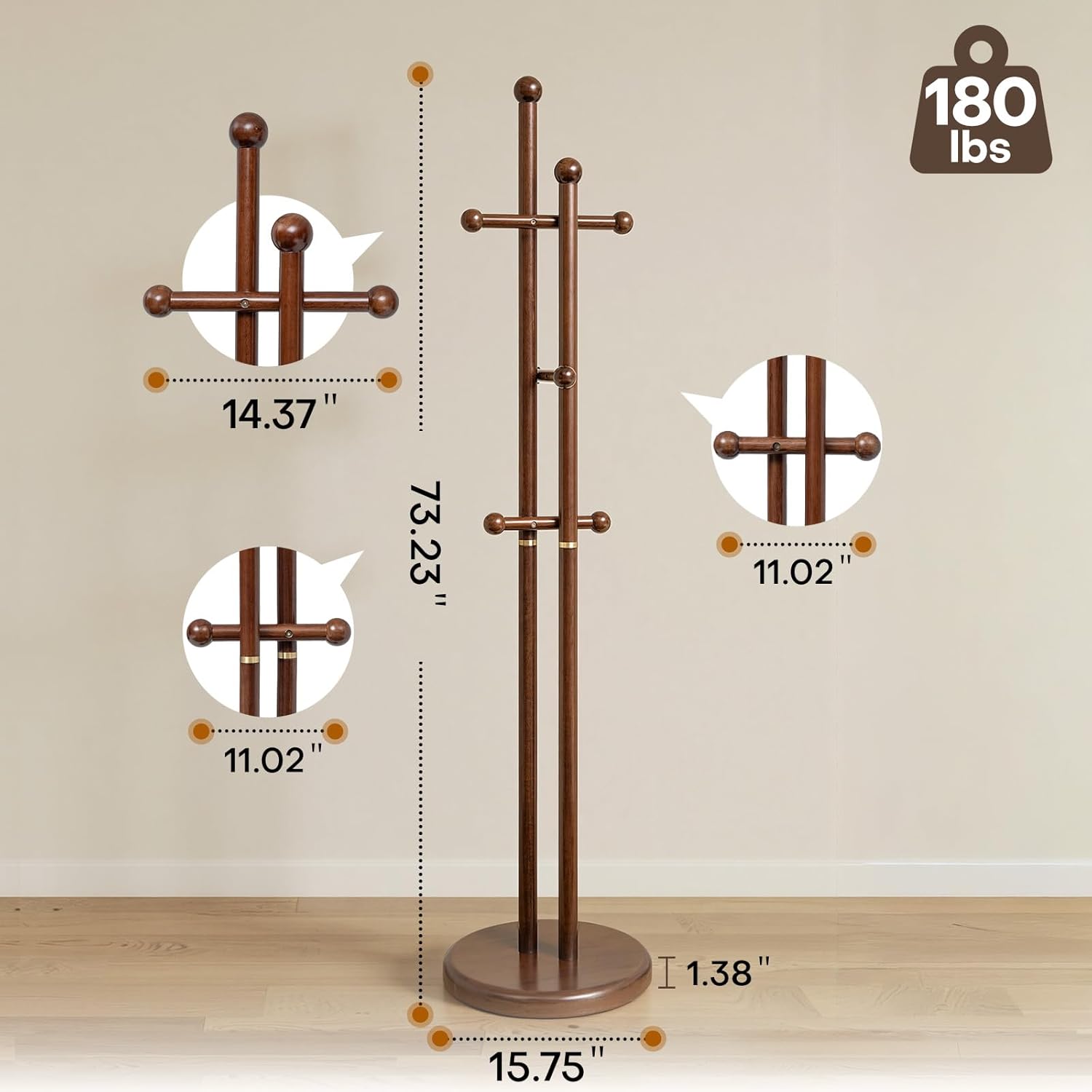 Coat Rack Freestanding, Wooden Coat Tree with 2 Main Rods, Heavy Duty Coat Hanger Stand with 15.75" Dia.Round Base, Walnut Standing Hall Tree for Bedroom Living Room, Clothes Jacket Bag Hat