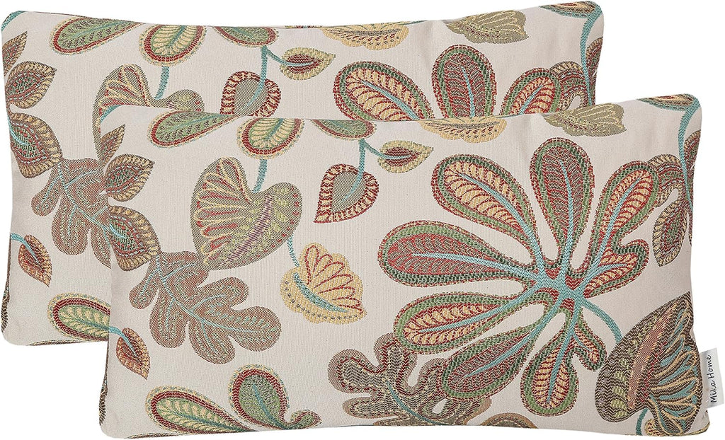 Mika Home Set of 2 Jacquard Tropical Leaf Pattern Oblong Throw Pillow Covers Accent Pillowcase 12X20 Inches,Blue Cream