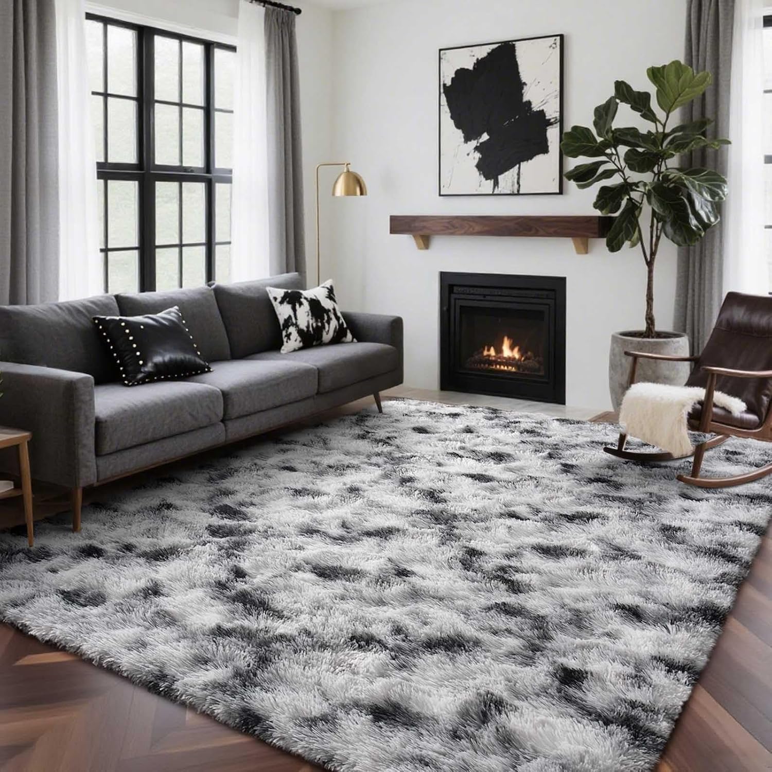 6x9 Ft Large Shag Rugs for Living Room, Tie-Dyed Ultra Soft Fluffy Furry Area Rugs for Bedroom Indoor Floor, Aesthetic Carpet for Kids Home Decor (Dark Grey)