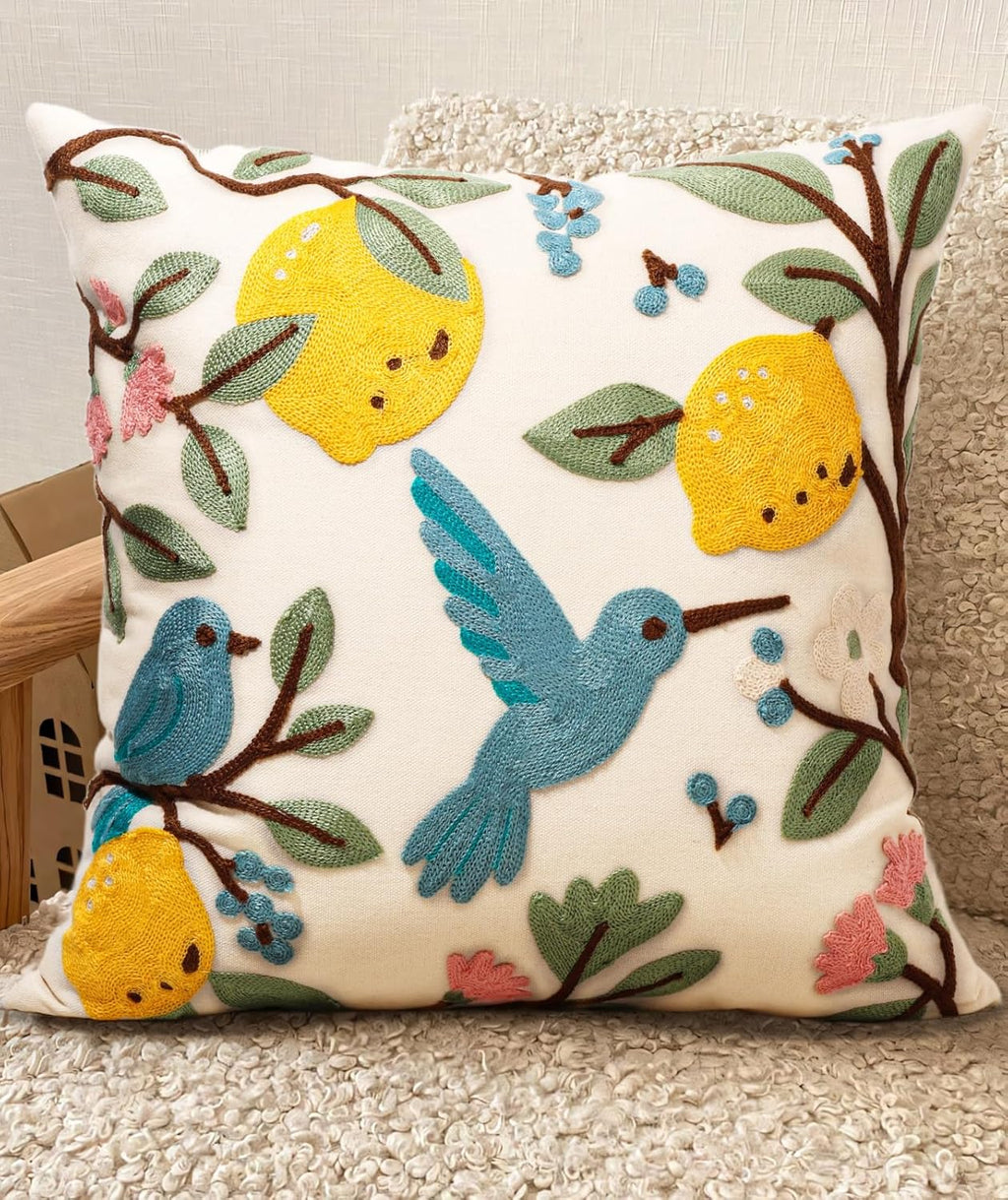 Embroidered Throw Pillow Cover 18x18 Inch - Spring Summer Boho Decorative Pillow Cover with Zipper for Living Room Couch Sofa Bed Aesthetic Design Flower Cluster Cushion Pillowcase