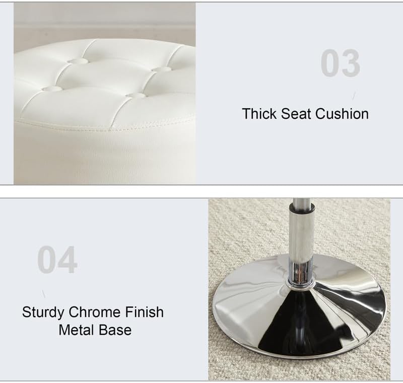 White Vanity Chair for Makeup Room Round Ottoman Tufted PU Leather Makeup Chair Vanity Stools for Bathroom Height Adjustable 360 Swivel