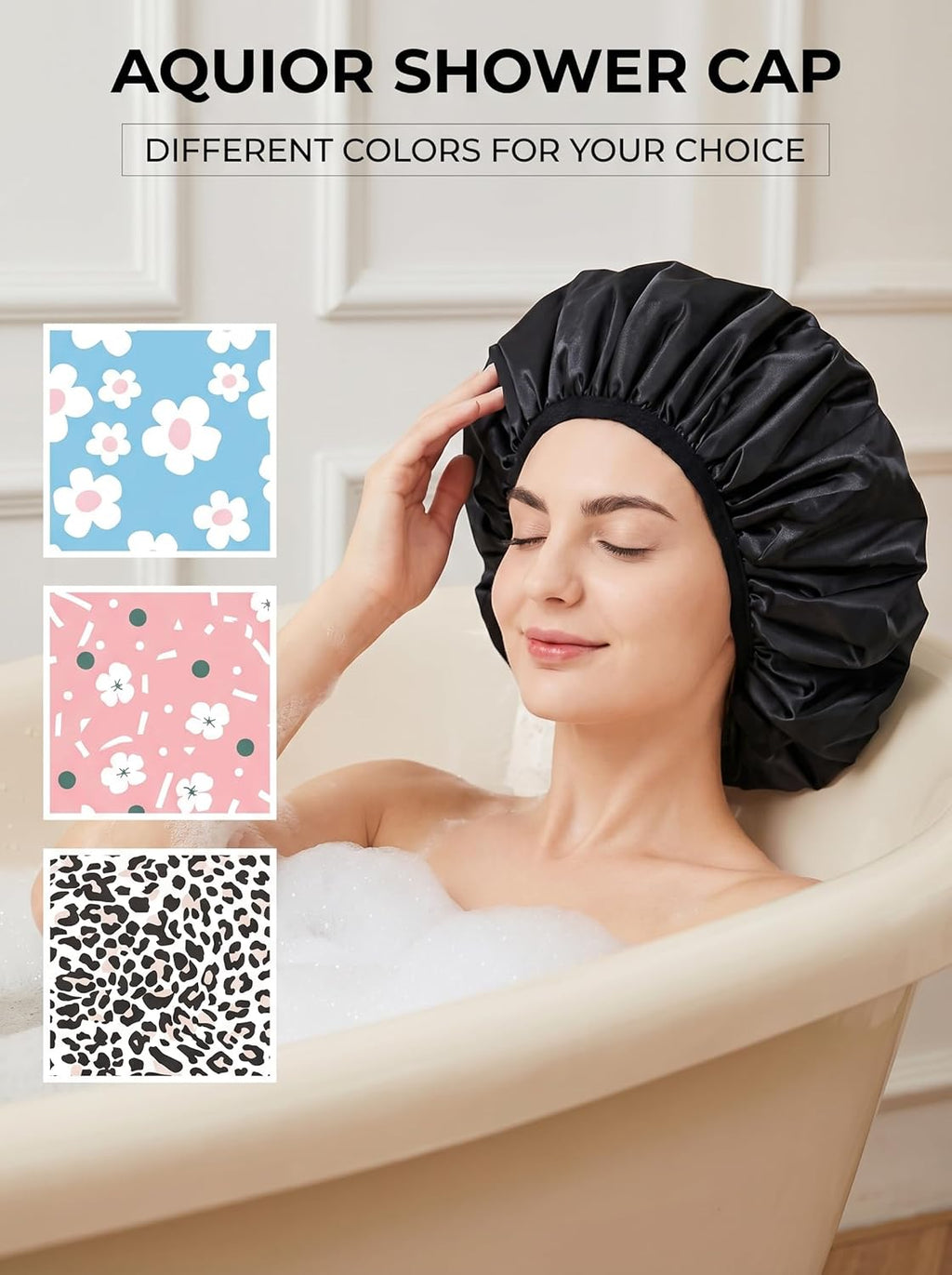 Shower Cap,Terry Lined Shower Cap for Women Reusable, Triple Layer Waterproof Bath Cap, Extra Large for Women Long Hair(Black)