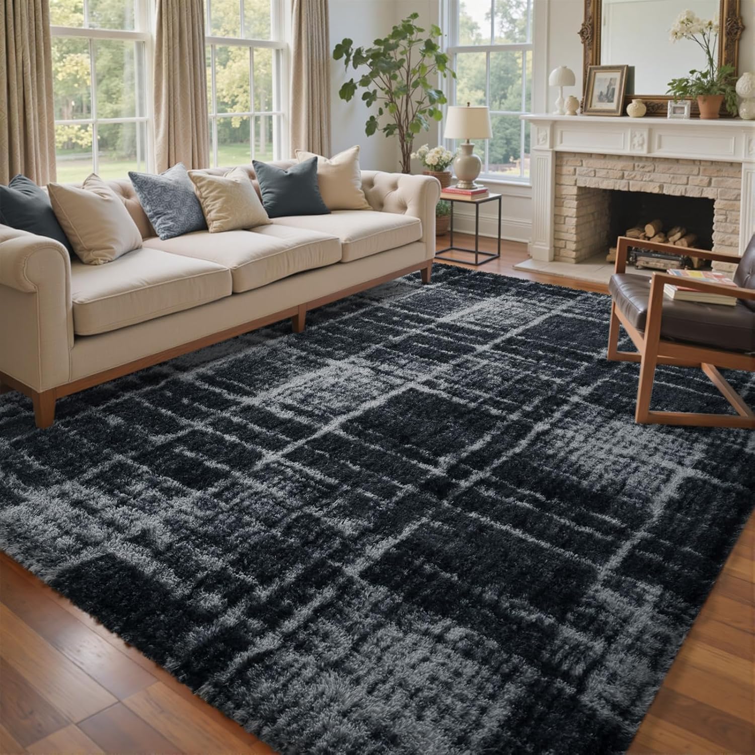 6x9 Ft Large Shag Rugs for Living Room, Tie-Dyed Ultra Soft Fluffy Furry Area Rugs for Bedroom Indoor Floor, Aesthetic Carpet for Kids Home Decor (Dark Grey)