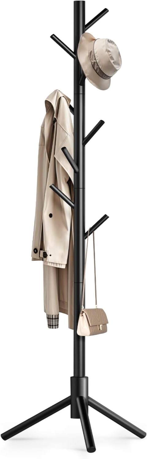 Coat Rack Freestanding with 8 Hooks,Easy Assembly New Zealand Pine Tree Coat Racks, 3 Adjustable Sizes for Clothes, Hats, Bags, for Entryway, Hallway, Bedroom, Office (White, 1 PC)