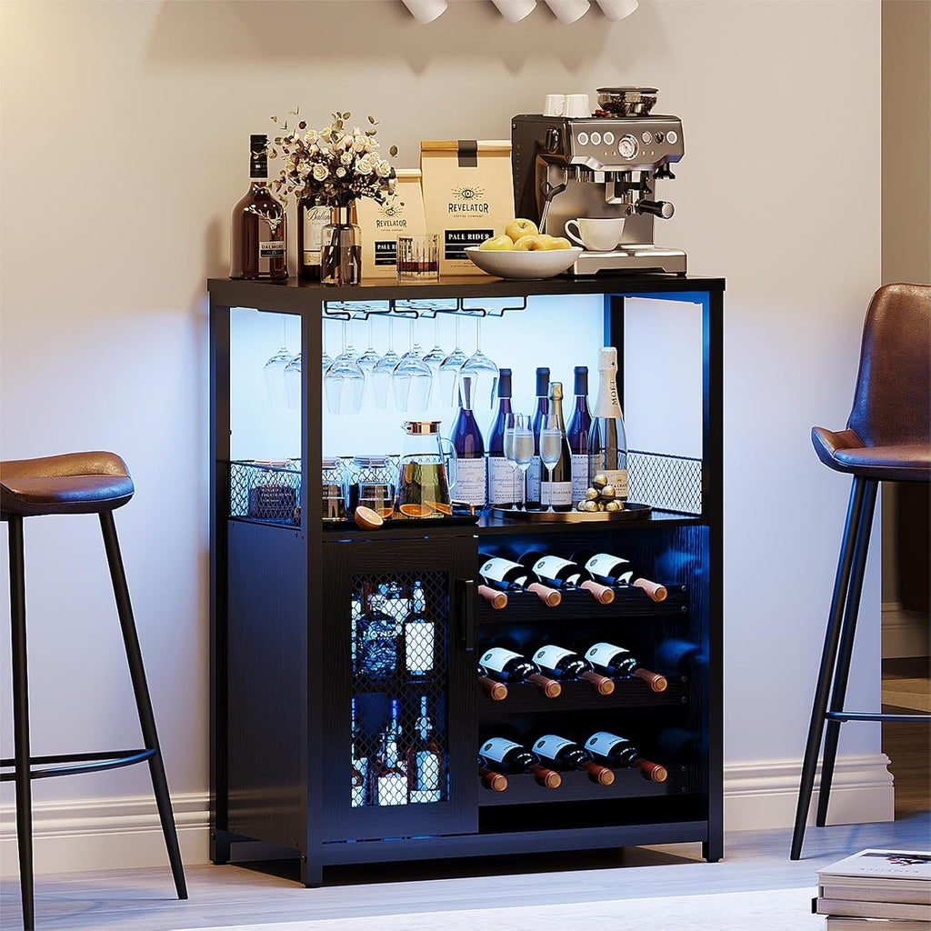 Wine Bar Rack Cabinet with LED Light, Adjustable Shelves Coffee Bar Cabinet with Mesh Door and Baffle Design, 36″ Tall Small Liquor Bar Cabinet for Home, Kitchen, Dinning Room, Rustic Brown