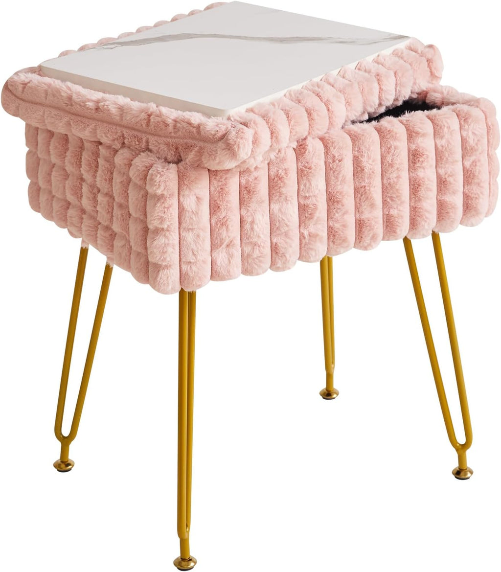 Rectangle Vanity Chair with Storage Space, Footrest Footstool Ottoman, Vanity Stool, Dressing Table Chair, with Anti-Slip Feet, for Makeup Room, Bedroom, Square Grid Pattern, White WBD004W