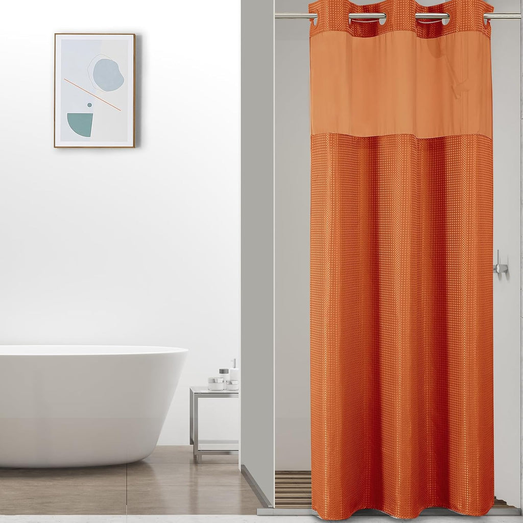 No Hook Waffle Shower Curtain with Snap in Fabric, Waterproof Shower Curtains with See Through Top Window, Hotel Luxury Heavy Duty Bathroom Curtain and Liner Set, 72'' x 75'', Black