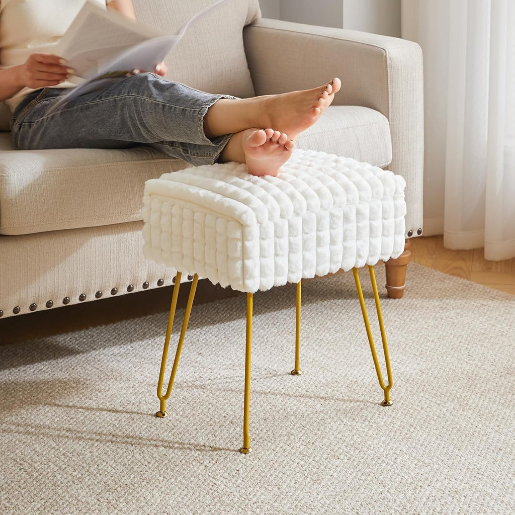 Rectangle Vanity Chair with Storage Space, Footrest Footstool Ottoman, Vanity Stool, Dressing Table Chair, with Anti-Slip Feet, for Makeup Room, Bedroom, Square Grid Pattern, White WBD004W