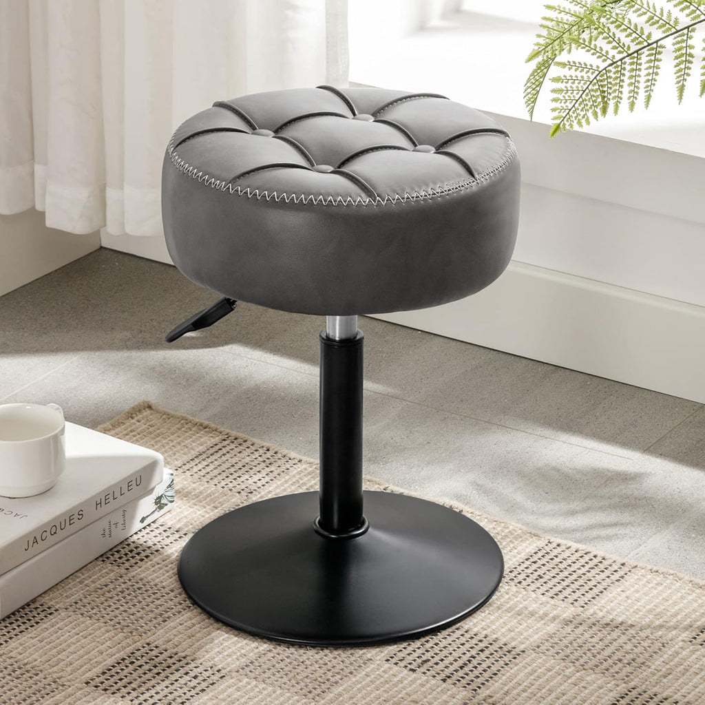 Adjustable Vanity Stool, 360 Swivel Chair for Makeup Room, White Faux Leather Stool for Bathroom & Living Room