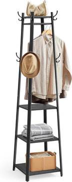 Coat Rack Freestanding, Coat Hanger Stand, Hall Tree with 2 Shelves, for Clothes, Hat, Bag, Industrial Style, Rustic Brown and Black URCR16BX