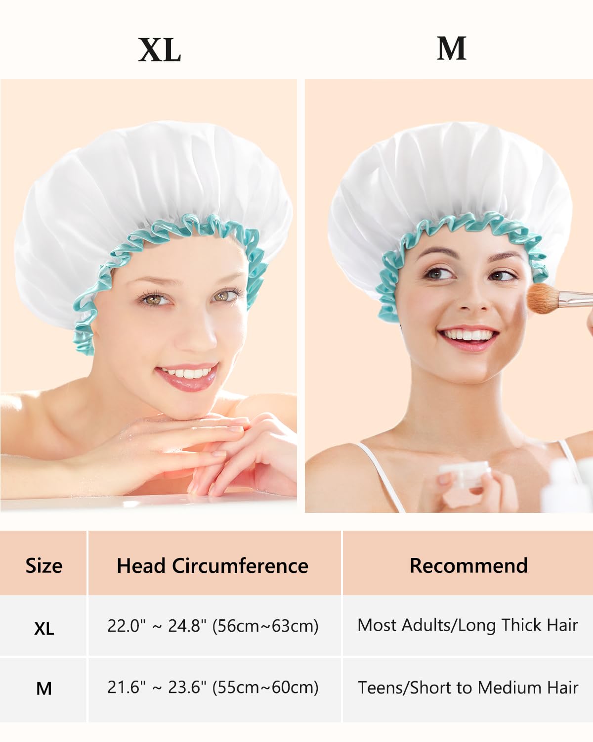 White Shower Cap for Long Hair 1 Pack, 12 inch large size,Waterproof Washable Hair Caps for Women and Girls, Super Cute and Extra Large