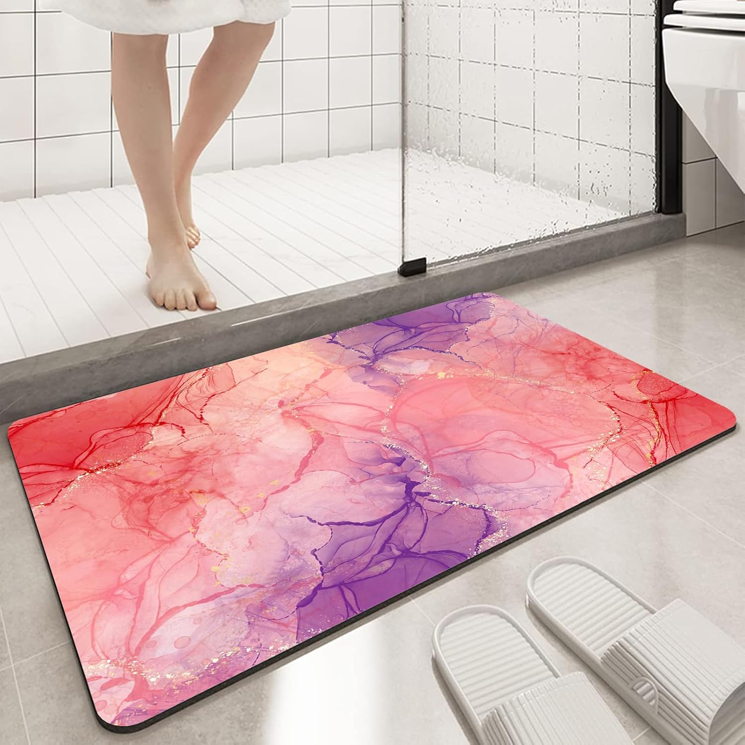 Fast Drying Thin Bath Mat Bathtub Mat | Diatomite Bathmat with Absorbent and Non-Slip Surface Easy to Clean | Colorful Marble Texture Bathroom Rug (3x5ft/36x60in/90x150cm, Pink/Medium Purple)