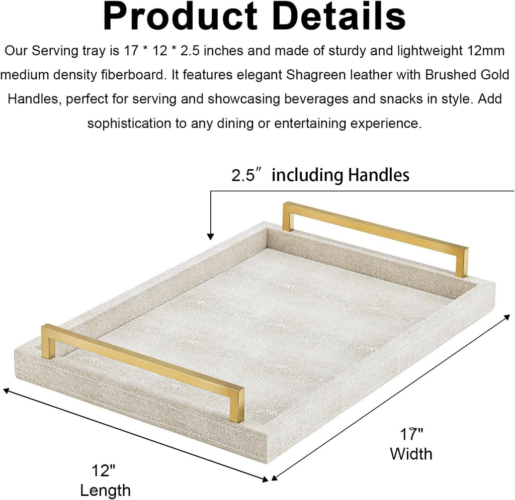 Ivory Shagreen Decorative Tray Large Rectangle Coffee Table Tray for Ottoman Faux Leather Serving Tray with Brushed Gold Handles