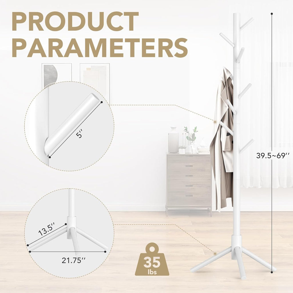 Coat Rack Freestanding with 8 Hooks,Easy Assembly New Zealand Pine Tree Coat Racks, 3 Adjustable Sizes for Clothes, Hats, Bags, for Entryway, Hallway, Bedroom, Office (White, 1 PC)