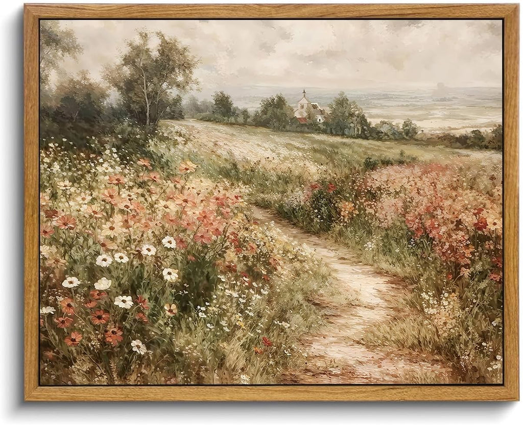 Framed Canvas Wall Art,Vintage Decor,Landscape Nature Country Wildflower Paintings Farmhouse Pictures Modern Artwork Rustic Fall Flower Prints Cottagecore Office Living Room Bedroom Bathroom
