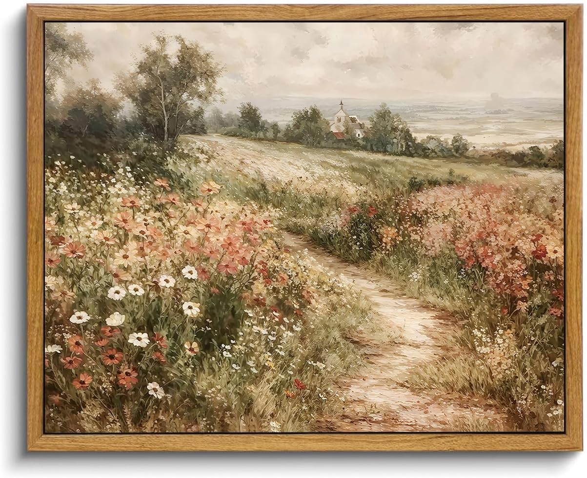 Framed Canvas Wall Art,Vintage Decor,Landscape Nature Country Wildflower Paintings Farmhouse Pictures Modern Artwork Rustic Fall Flower Prints Cottagecore Office Living Room Bedroom Bathroom