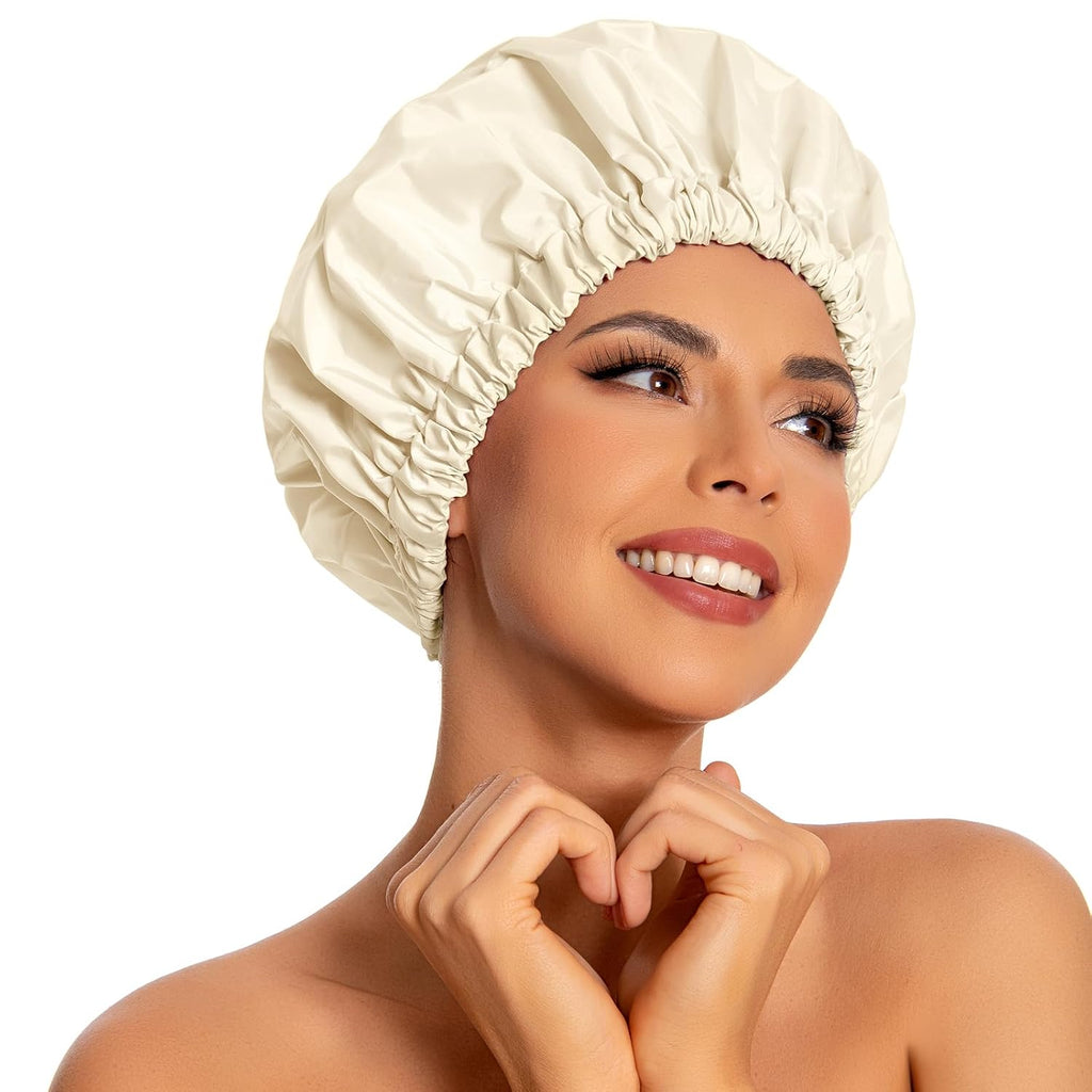Reusable Shower Cap for Women, Large Waterproof Shower Bonnet Washable Elastic Band Bath Hair Hat for Long Hair, Braids(Green)
