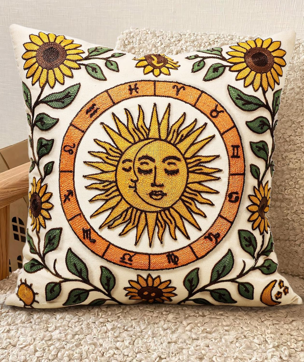 Embroidered Throw Pillow Cover 18x18 Inch - Spring Summer Boho Decorative Pillow Cover with Zipper for Living Room Couch Sofa Bed Aesthetic Design Flower Cluster Cushion Pillowcase