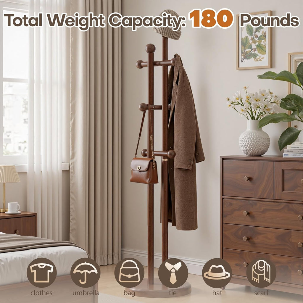 Coat Rack Freestanding, Wooden Coat Tree with 2 Main Rods, Heavy Duty Coat Hanger Stand with 15.75" Dia.Round Base, Walnut Standing Hall Tree for Bedroom Living Room, Clothes Jacket Bag Hat
