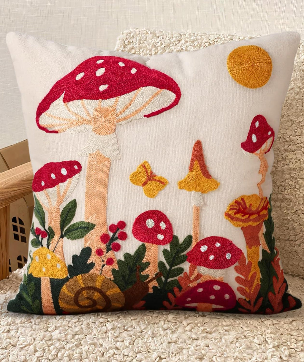 Embroidered Throw Pillow Cover 18x18 Inch - Spring Summer Boho Decorative Pillow Cover with Zipper for Living Room Couch Sofa Bed Aesthetic Design Flower Cluster Cushion Pillowcase