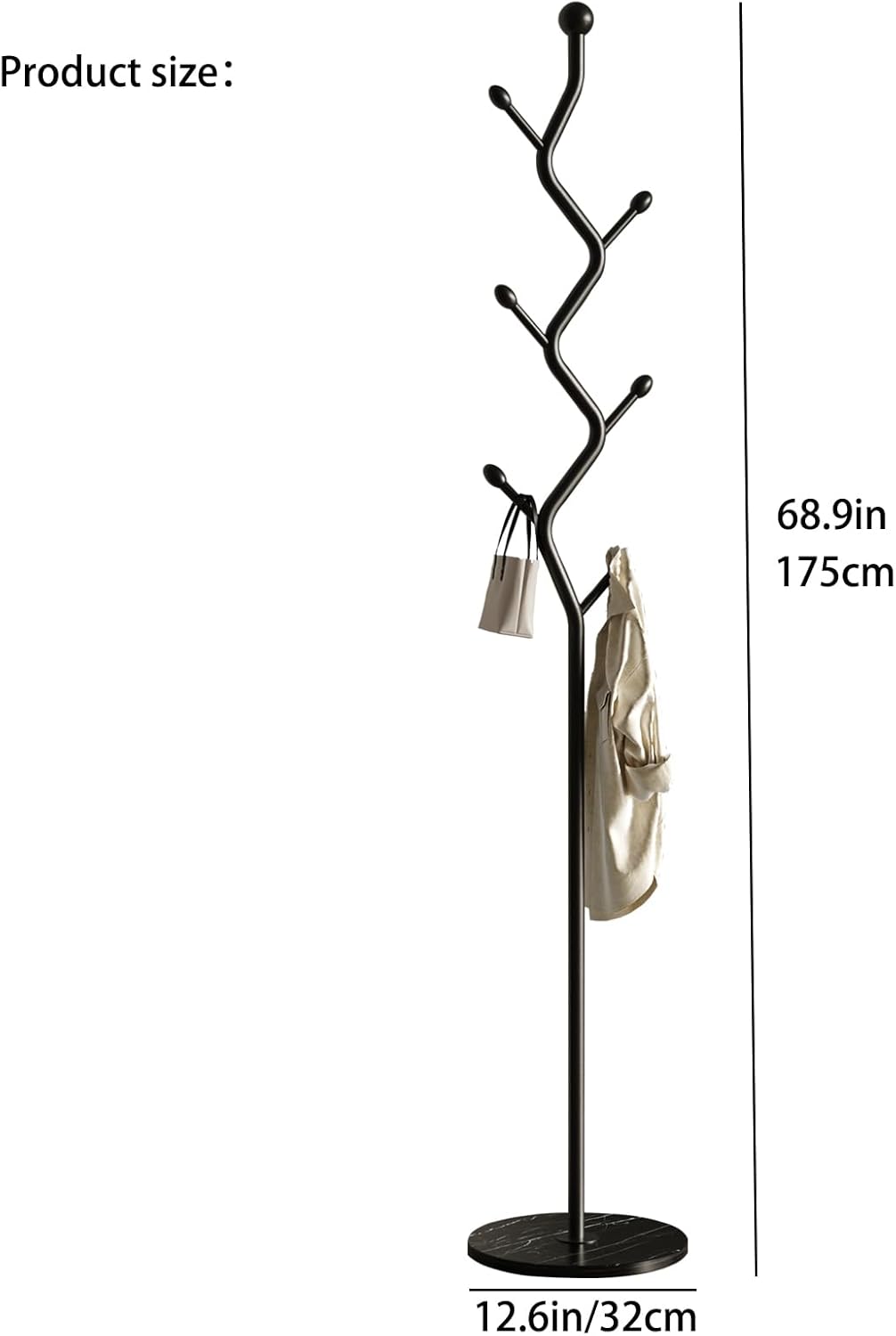 Tree Branch-Look Coat Rack Freestanding with 6 Hooks & Sturdy Marble base Metal Clothes Hanger Stand for Entryway/Mudroom/Bedroom/Hallway/Home Office (Matte black)