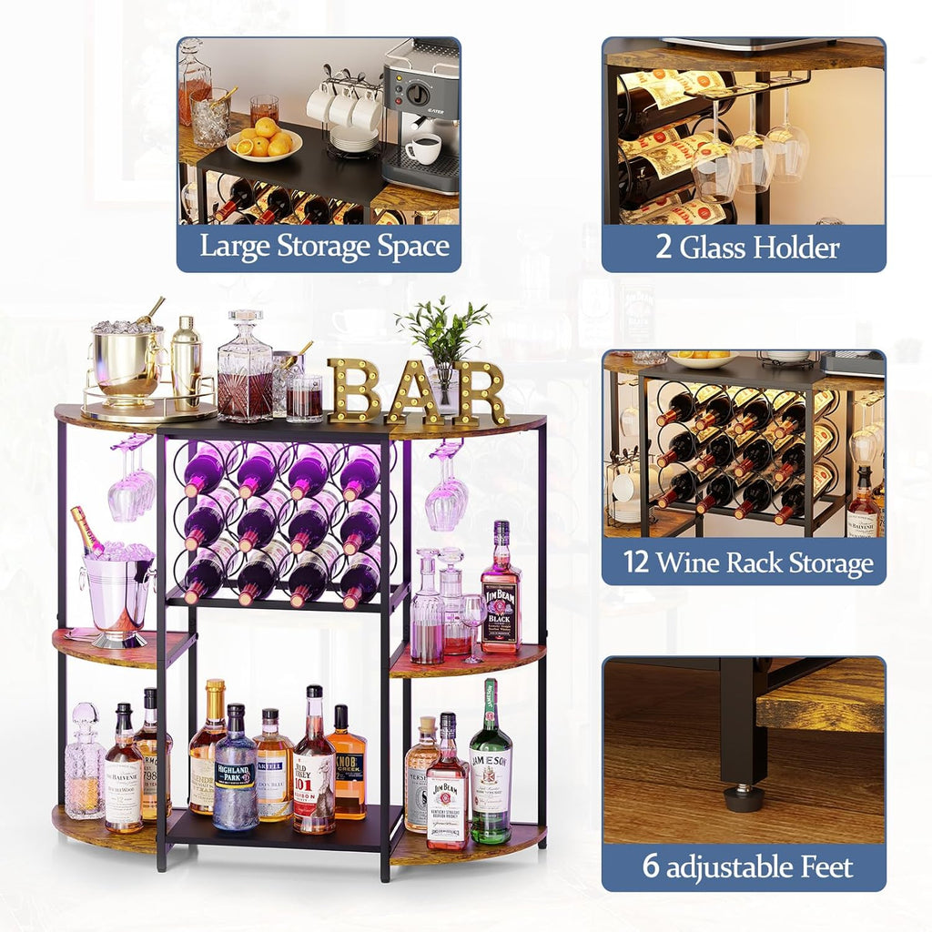 JKsmart Wine Bar Cabinet with LED Lights, Mini Wine Rack with Storage and Glass Holder, Home Bar Cart for Liquor, 3-Tier Bar Table for Kitchen, Dining Room, Living Room, Rustic Brown